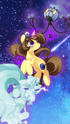 Size: 700x1244 | Tagged: safe, artist:loyaldis, oc, oc:astral flare, alolan ninetales, chandelure, fox, kitsune, ninetales, pony, unicorn, alolan form, dusk ball, female, galaxy, magic, poké ball, pokémon, pokémon trainer, shooting star, stars