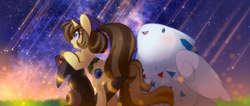 Size: 2268x958 | Tagged: safe, artist:loyaldis, oc, oc:astral flare, pony, togekiss, umbreon, unicorn, cute, female, galaxy, hat, night, pokémon, pokémon trainer, shooting star