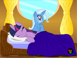Size: 3901x2927 | Tagged: safe, artist:kyoshyu, trixie, twilight sparkle, alicorn, pony, unicorn, g4, bed, blushing, eyes closed, gritted teeth, high res, implied lesbian, implied shipping, implied twixie, shivering, sleeping, sweat, sweatdrops, tongue out, twilight sparkle (alicorn), waking up