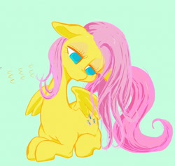 Size: 2048x1944 | Tagged: safe, artist:noupu, fluttershy, pegasus, pony, g4, cute, female, floppy ears, green background, lying down, mare, no pupils, ponyloaf, prone, shyabetes, simple background, solo, spread wings, wings