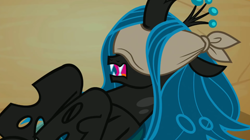 Size: 1920x1078 | Tagged: safe, screencap, queen chrysalis, changeling, changeling queen, frenemies (episode), g4, season 9, blindfold, female, frown, open mouth, solo