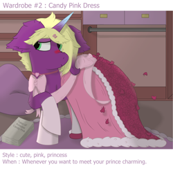 Size: 2500x2500 | Tagged: safe, artist:spiroudada, part of a set, oc, oc only, oc:velvet sky, pony, unicorn, series:velvet wardrobe reboot, blushing, bow, clothes, collar, crossdressing, cute, dress, dressing, high res, male, part of a series, pink, pink dress, script, shoes, solo, stallion, story included