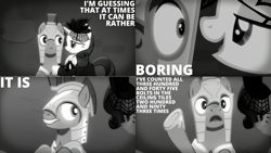 Size: 1280x720 | Tagged: safe, edit, edited screencap, editor:quoterific, screencap, rarity, pegasus, pony, unicorn, g4, rarity investigates, season 5, armor, clothes, dress, duo, female, grayscale, male, mare, monochrome, open mouth, out of context, royal guard, seduction, stallion, teeth, you know for kids