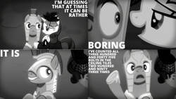 Size: 1280x720 | Tagged: safe, edit, edited screencap, editor:quoterific, screencap, noble crest, rarity, pegasus, pony, unicorn, g4, rarity investigates, season 5, armor, clothes, dress, duo, female, grayscale, male, mare, monochrome, open mouth, out of context, royal guard, seduction, stallion, teeth, you know for kids