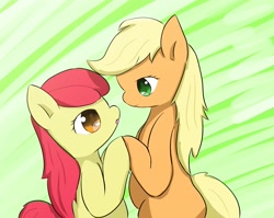 Size: 2996x2383 | Tagged: safe, artist:up_p_ab, apple bloom, applejack, earth pony, pony, g4, bipedal, duo, duo female, female, filly, hatless, high res, holding hooves, hooves together, mare, missing accessory, siblings