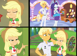Size: 1815x1320 | Tagged: safe, applejack, ragamuffin (g4), rarity, equestria girls, equestria girls specials, g4, my little pony equestria girls: better together, my little pony equestria girls: holidays unwrapped, my little pony equestria girls: spring breakdown, applejack is best facemaker, applejack is not amused, blonde, blondening, crossed arms, female, geode of super strength, hotline bling, magical geodes, male, ragajack, rarimuffin, rarity peplum dress, shipping, smugjack, straight, unamused