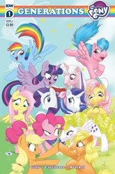 Size: 1349x2048 | Tagged: safe, artist:amy mebberson, idw, applejack, applejack (g1), firefly, fluttershy, glory, pinkie pie, posey, rainbow dash, rarity, surprise, twilight, twilight sparkle, alicorn, butterfly, earth pony, pegasus, pony, unicorn, g1, g4, my little pony: generations, spoiler:comic, spoiler:comicgenerations, book, bow, cloud, comic, comic cover, crossover, female, flower, g1 six, grass, hair bow, hatless, logo, mane six, mare, missing accessory, my little pony logo, open mouth, open smile, sky, smiling, stars, tail bow, text, twilight sparkle (alicorn)