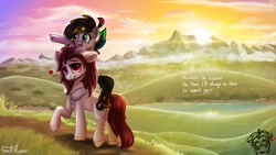 Size: 1920x1080 | Tagged: safe, artist:finalaspex, oc, oc only, oc:cipher wave, oc:finalaspex, earth pony, pony, birthday, couple, cute, happy, ponies riding ponies, riding, scenery, scenery porn, smiling, sunset, walk