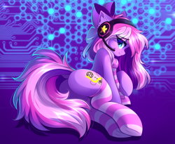 Size: 3504x2870 | Tagged: safe, alternate version, artist:airiniblock, oc, oc only, oc:lillybit, earth pony, pony, rcf community, abstract background, bow, butt, clothes, dock, ear fluff, earth pony oc, eye clipping through hair, eyebrows, eyebrows visible through hair, featureless crotch, female, hair bow, headphones, headset, high res, looking at you, looking back, looking back at you, mare, plot, rear view, scarf, smiling, smiling at you, socks, solo, striped socks