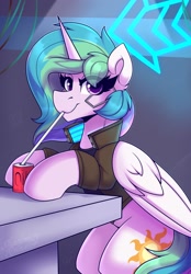 Size: 1500x2150 | Tagged: safe, artist:shadowreindeer, princess celestia, alicorn, pony, g4, clothes, cyberpunk, drink, drinking straw, jacket, looking at you, smiling, solo