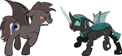 Size: 1920x882 | Tagged: safe, artist:alexdti, oc, oc only, oc:kallaxia, oc:nocturnal wanderer, bat pony, changeling, pony, angry, bat pony oc, changeling oc, duo, eye scar, looking at each other, mouth hold, one eye closed, scar, scared, simple background, stallion, sword, transparent background, weapon