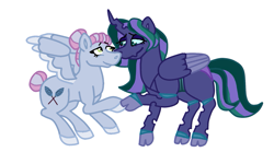 Size: 1199x667 | Tagged: safe, artist:jacknapior, oc, oc only, oc:firefly, oc:turquoise edge, changepony, hybrid, kindverse, breaking up, changeling hybrid, interspecies offspring, magical lesbian spawn, offspring, parent:limestone pie, parent:princess luna, parent:queen chrysalis, parent:zephyr breeze, parents:chrysaluna, parents:zephyrstone, story included