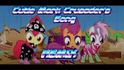 Size: 1280x720 | Tagged: safe, edit, edited screencap, screencap, apple bloom, scootaloo, sweetie belle, earth pony, pegasus, pony, unicorn, g4, the show stoppers, animated, clothes, cutie mark crusader's song, cutie mark crusaders, music, open mouth, remix, show stopper outfits, sound, spoilers for another series, surprised, uniform, webm