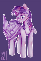 Size: 2510x3707 | Tagged: safe, artist:dikkaa, twilight sparkle, alicorn, pony, g4, female, frown, high res, mare, simple background, solo, spread wings, twilight sparkle (alicorn), wings