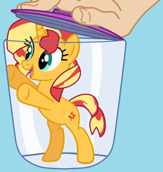 Size: 1194x1262 | Tagged: safe, artist:daisydizzbases, artist:jadeharmony, sunset shimmer, human, pony, unicorn, g4, base used, bipedal, blue background, cup, female, hand, lid, mare, open mouth, raised hoof, simple background, solo, this will not end well