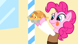 Size: 1280x720 | Tagged: safe, artist:magpie-pony, applejack, pinkie pie, earth pony, pony, applejack and the beanstalk, g4, :p, applejack's hat, cowboy hat, duo, fairy tale, female, food, giant pinkie pie, giant pony, giantess, hat, imminent vore, jack and the beanstalk, macro, mare, pie, pinkie tales, quill, tongue out, youtube link