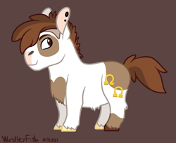 Size: 1275x1038 | Tagged: safe, artist:quincydragon, pipsqueak, pony, g4, body markings, brown background, coat markings, older, pinto, simple background, solo, spots