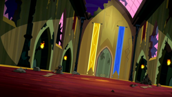 Size: 1280x720 | Tagged: safe, screencap, do princesses dream of magic sheep, g4, season 5, background, banner, castle of the royal pony sisters, liminal space, no pony, scenic ponyville, torch
