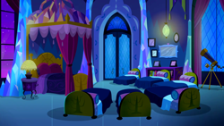 Size: 1280x720 | Tagged: safe, screencap, do princesses dream of magic sheep, g4, season 5, background, bed, bedroom, liminal space, night, no pony, scenic ponyville, telescope, twilight's castle