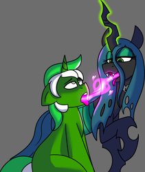 Size: 2446x2895 | Tagged: safe, artist:askhypnoswirl, queen chrysalis, oc, oc:chain whip, changeling, changeling queen, pony, unicorn, g4, canon x oc, chaisalis, changeling feeding, duo, duo male and female, female, high res, horn, male, shipping, stallion, straight, unicorn oc