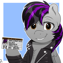 Size: 2000x2000 | Tagged: safe, artist:h3nger, oc, oc only, oc:skynight sleuth, pegasus, pony, cheek fluff, chest fluff, clothes, folded wings, grin, high res, hoof hold, horny on main, jacket, leather jacket, lidded eyes, looking at you, male, signature, smiling, smiling at you, solo, wings
