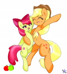 Size: 1862x2048 | Tagged: safe, artist:zeon_starlight, apple bloom, applejack, earth pony, pony, g4, apple, arm around back, bipedal, duo, female, filly, food, mare, siblings, sisters