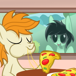 Size: 2000x2000 | Tagged: safe, artist:pizzamovies, oc, oc:bok, oc:pizzamovies, alien, earth pony, pony, cheese, eyes closed, female, food, high res, licking, male, mare, meat, messy mane, pepper, pepperoni, pepperoni pizza, pizza, ponies eating meat, stallion, tongue out