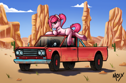 Size: 3141x2082 | Tagged: safe, artist:supermoix, oc, oc only, oc:metralla, pony, unicorn, desert, high res, looking at you, simple background, solo, truck