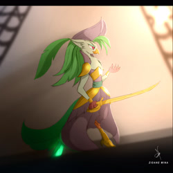 Size: 1600x1600 | Tagged: safe, artist:zidanemina, captain celaeno, bird, parrot, anthro, g4, my little pony: the movie, amputee, art trade, captain, clothes, female, hat, melee weapon, pirate, pirate hat, prosthetic leg, prosthetic limb, prosthetics, ship, smiling, solo, sword, weapon