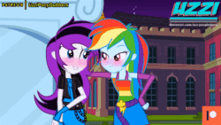 Size: 800x450 | Tagged: safe, artist:uzzi-ponydubberx, rainbow dash, oc, equestria girls, g4, my little pony equestria girls, absurd file size, absurd gif size, animated, blushing, canon x oc, canterlot high, clothes, cute, dashabetes, dress, eyes closed, fall formal outfits, female, fingerless gloves, gif, gloves, happy, holding hands, kissing, lesbian, loop, love, night, ocbetes, passionate, patreon, patreon logo, shipping, sleeveless, smiling, surprise kiss, surprised, zoom