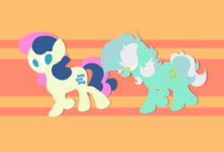 Size: 4114x2803 | Tagged: safe, artist:background basset, bon bon, lyra heartstrings, sweetie drops, pony, unicorn, g4, abstract background, female, grin, happy, high res, lesbian, lineless, looking at each other, open mouth, open smile, orange background, running, ship:lyrabon, shipping, simple background, smiling, smiling at each other