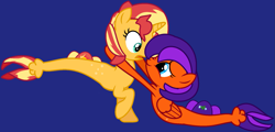 Size: 1807x866 | Tagged: safe, artist:jadeharmony, sunset shimmer, oc, oc:jade harmony, pegasus, pony, seapony (g4), unicorn, equestria girls, g4, wonderbolts academy, blue background, canon x oc, female, lesbian, looking at each other, open mouth, pegasus oc, raised hoof, seaponified, shipping, simple background, species swap, surprised