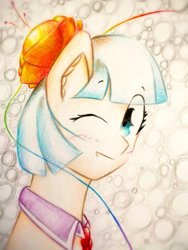 Size: 1920x2560 | Tagged: safe, artist:stardust0130, coco pommel, earth pony, pony, g4, female, looking at you, mare, one eye closed, rainbow thread, solo