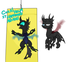 Size: 2112x1773 | Tagged: safe, artist:moonatik, oc, oc only, oc:coxa, oc:mimesis, changeling, adorable distress, anisocoria, bugs doing bug things, changeling oc, cute, dialogue, fangs, fly paper, flying, male, not this shit again, red changeling, simple background, stuck, transparent background