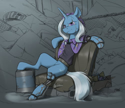 Size: 1024x886 | Tagged: safe, artist:sinrar, trixie, pony, unicorn, g4, amputee, barrel, cape, clothes, cyberpunk, ear piercing, female, fireworks, hat, mare, piercing, prosthetic leg, prosthetic limb, prosthetics, shirt, solo, trixie's cape