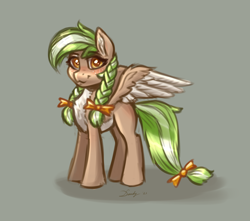 Size: 2806x2480 | Tagged: safe, artist:dandy, oc, oc only, oc:sylvia evergreen, pegasus, pony, blushing, bow, braided pigtails, chest fluff, female, freckles, gray background, hair bow, high res, looking at you, mare, pale belly, pigtails, simple background, sketch, solo, two toned wings, white belly, wings