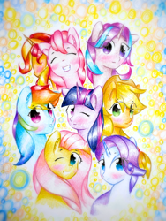 Size: 1920x2560 | Tagged: safe, artist:stardust0130, applejack, fluttershy, pinkie pie, rainbow dash, rarity, starlight glimmer, sunset shimmer, twilight sparkle, earth pony, pegasus, pony, unicorn, g4, applejack's hat, cowboy hat, eyes closed, female, hat, looking at you, mane six, mare, one eye closed, smiling