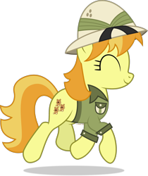 Size: 2100x2501 | Tagged: safe, artist:starcollider, teddie safari, earth pony, pony, g4, atg 2021, clothes, eyes closed, female, hat, high res, hopping, mare, newbie artist training grounds, show accurate, simple background, smiling, solo, transparent background, vector