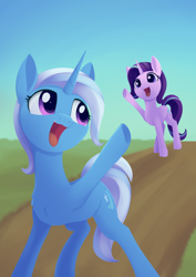 Size: 988x1394 | Tagged: safe, artist:dusthiel, starlight glimmer, trixie, pony, unicorn, g4, atg 2021, duo, duo female, female, newbie artist training grounds, open mouth, waving