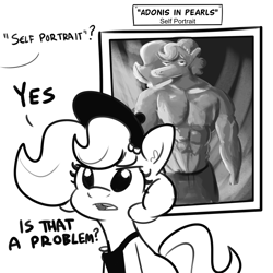 Size: 3000x3000 | Tagged: safe, artist:tjpones, oc, oc only, oc:brownie bun, earth pony, pony, black and white, earth pony oc, female, grayscale, hat, high res, mare, monochrome, muscles, offscreen character, smock, solo