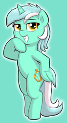 Size: 1112x2024 | Tagged: safe, artist:heretichesh, lyra heartstrings, pony, unicorn, g4, bipedal, female, green background, hoof on hip, looking at you, mare, outline, simple background, smiling, smirk, smug, solo, teeth, underhoof