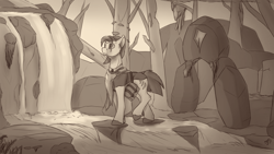 Size: 1920x1080 | Tagged: safe, artist:tenebrisnoctus, fizzlepop berrytwist, tempest shadow, pony, unicorn, g4, broken horn, cloak, clothes, eye scar, female, horn, mare, monochrome, river, scar, sepia, solo, stream, water, waterfall