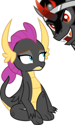 Size: 3000x4973 | Tagged: safe, artist:cloudy glow, artist:fruft, edit, vector edit, king sombra, smolder, dragon, umbrum, g4, alternate color palette, alternate universe, dragoness, father and child, father and daughter, female, high res, male, simple background, sitting, talking, transparent background, vector