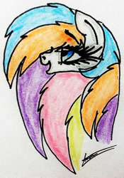 Size: 451x644 | Tagged: safe, artist:beamybutt, oc, oc only, earth pony, pony, bust, earth pony oc, eyelashes, female, mare, multicolored hair, open mouth, rainbow hair, signature, solo, traditional art