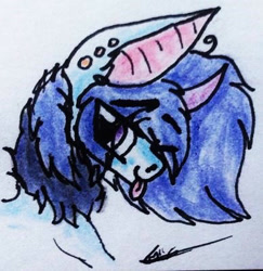 Size: 388x400 | Tagged: safe, artist:beamybutt, oc, oc only, earth pony, pony, unicorn, :p, bust, ear fluff, ear piercing, horn, male, piercing, signature, solo, stallion, tongue out, traditional art, unicorn oc