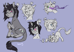 Size: 1000x700 | Tagged: safe, artist:lavvythejackalope, oc, oc only, pony, rat, unicorn, bust, colored hooves, crown, face down ass up, glasses, heterochromia, horn, jewelry, leonine tail, male, purple background, regalia, simple background, sketch, sombra eyes, stallion, unicorn oc