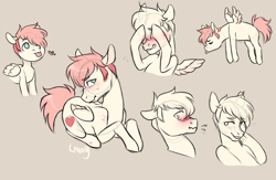 Size: 1000x650 | Tagged: safe, artist:lavvythejackalope, oc, oc only, oc:alex, pegasus, pony, :p, blushing, brown background, embarrassed, eyes closed, flying, lying down, male, pegasus oc, prone, simple background, sketch, smiling, stallion, tongue out, wings