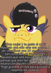 Size: 1749x2511 | Tagged: safe, edit, edited screencap, editor:notxweeb, screencap, mint condition, pony, unicorn, g4, acdc, beard, cap, clothes, facial hair, hat, iron maiden, male, meme, neckbeard, shirt, spanish, t-shirt, text, translated in the comments, watermark