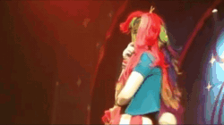 Size: 680x382 | Tagged: safe, fluttershy, rainbow dash, rarity, snails, human, equestria girls, g4, my little pony & equestria girls el show en vivo, animated, ass, boots, butt, clothes, dancing, irl, irl human, low angle, photo, shoes, skirt, upskirt