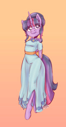 Size: 1280x2438 | Tagged: safe, artist:scribleydoodles, twilight sparkle, anthro, unguligrade anthro, g4, make new friends but keep discord, clothes, dress, gala dress, solo